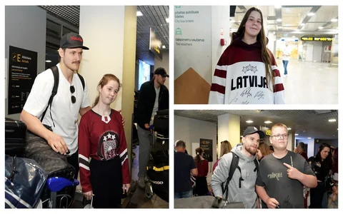 Foto: Latvijas hokejistus pēc izcīnītās sestās vietas lidostā sagaida priecīgi fani